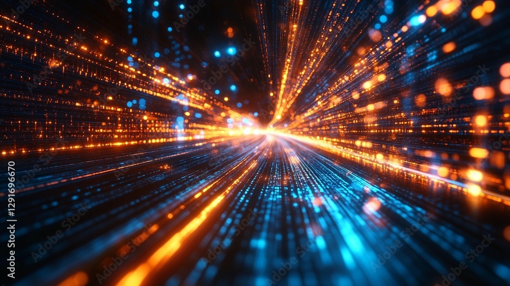 Poster abstract digital tunnel with glowing lines and particles.