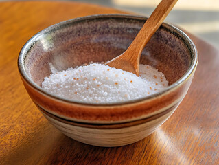 Closeup of a rustic ceramic bowl filled with coarse sea salt, a wooden spoon resting inside.