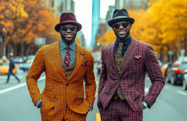 Stylish African American men in vibrant suits smiling on city street. Their confident expressions and fashionable attire stand out against backdrop of autumn foliage