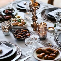 Fototapeta premium Cozy iftar table setting featuring traditional foods and decorations for Ramadan celebration.