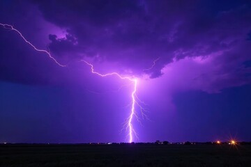 Fierce purple thunderstorm, jagged lightning bolts across night, atmospheric pressure, spectacular, raging