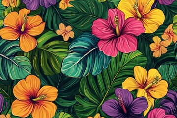 Fototapeta premium Vibrant Tropical Floral Pattern with Colorful Hibiscus Flowers and Lush Green Leaves