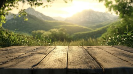Fototapeta premium Wooden table, sunset mountains, nature scene, idyllic landscape, product display