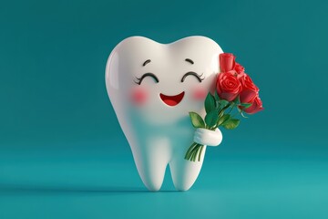 3D Cartoon Tooth with Roses in Hand - Cute and Happy Dental Character in Lighthearted Design for Children’s Toothcare and Dentist Marketing.