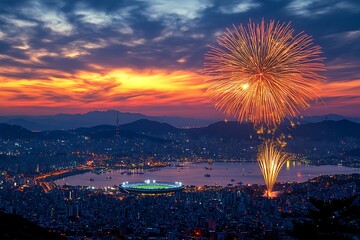 Spectacular fireworks illuminate the skyline over a bustling city during a vibrant sunset