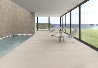 3D Render of Modern Coastal Interior with Infinity Pool and Expansive Glass Windows Overlooking Serene Ocean View