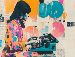 Surreal collage of a woman typing on a vintage typewriter with vibrant abstract elements and bold colors