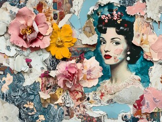 Surreal collage featuring a vintage portrait surrounded by textured floral elements and colorful patterns