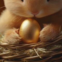 A cute bunny cradles a shiny golden egg in a nest made of straw, symbolizing Easter and the joy of new beginnings.
