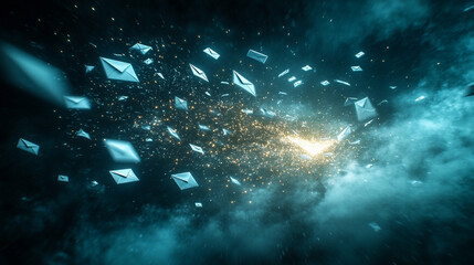 A bright white swarm of glowing digital envelopes floats in cyberspace, symbolizing virtual communication, data exchange, connectivity, digital privacy, and the constant flow of information in modern 