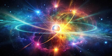 Naklejka premium Cosmic Atomic Structure A Vibrant Visualization of Subatomic Particles Orbiting a Central Core within a Nebula of Glowing Gases and Dust