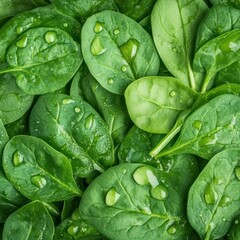 Obraz premium Fresh Green Spinach Leaves with Water Droplets Close Up Detail