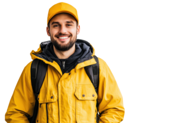 Delivery Professional Portrait: A cheerful delivery person, complete with a cap, smile, and backpack , isolated on transparent or white background, png. 