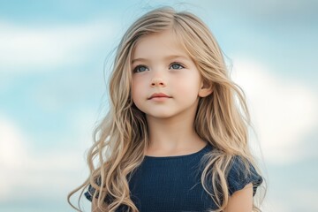 Serene Young Girl with Long Blonde Hair and Blue Eyes Gazing at the Sky in a Soft Breeze