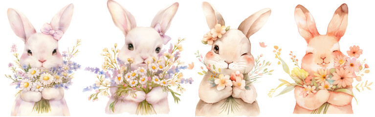 Cute bunny with colorful spring flowers, watercolor Easter rabbit, Celebration Illustration set and Spring decorations. Cut out PNG on transparent background.