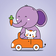 A cartoon elephant driving a car with a cheese symbol, surrounded by a playful bunny, kitten, and Easter-themed elements in a fun, colorful vector illustration