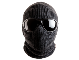 Mystery of the Knit Mask: An intriguing close-up of a person wearing a knitted mask with sunglasses , isolated on transparent or white background, png. 