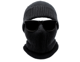 Mystery and Intrigue: A faceless individual conceals their identity with a black knitted balaclava and dark sunglasses , isolated on transparent or white background, png. 