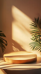 Obraz premium A minimalist wooden podium with a round shape and smooth surface is placed on the table in front of a beige wall 