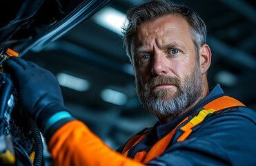 senior man, mechanic, works on auto engine with focus and determination. His experience is evident in his expression and skilled hands, showcasing blend of craftsmanship and dedication