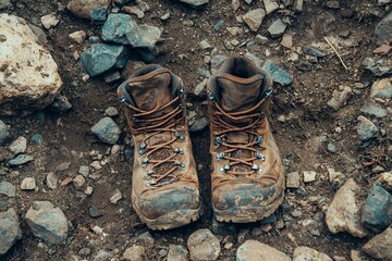 Hiking boots on rocky trail, empty space.