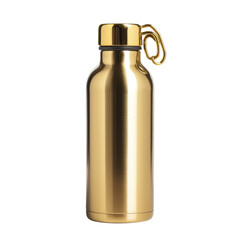 sleek gold stainless steel water bottle with loop cap, perfect for hydration on go. Its shiny finish adds touch of elegance to any outdoor or fitness activity