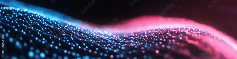Poster a colorful, abstract wave of light with many small dots of blue and pink. the dots are scattered thr