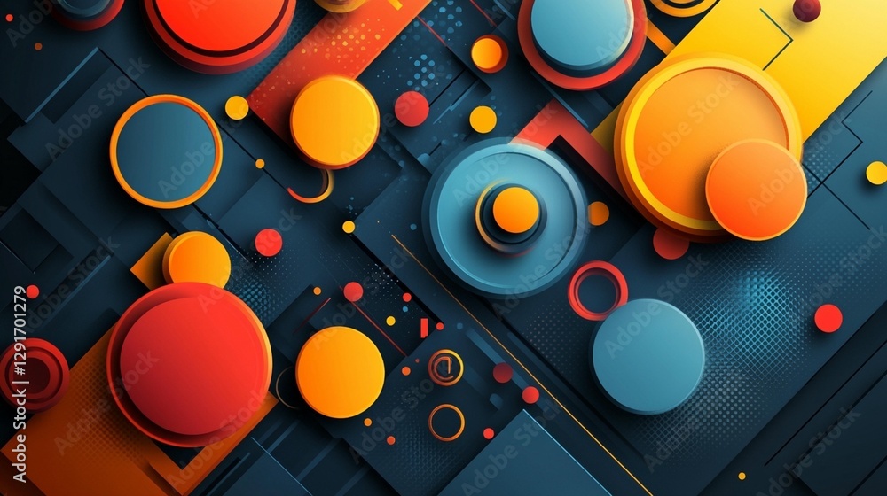 Poster abstract geometric background with overlapping circles and squares in orange, blue, and red hues on 