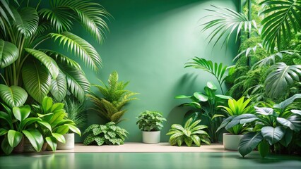 Obraz premium Lush Greenery Arrangement Against a Verdant Wall, Featuring a Diverse Collection of Potted Plants in a Serene Indoor Setting