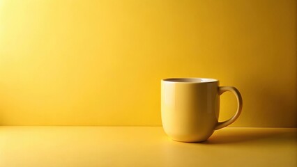 A single, pale yellow mug sits on a matching surface against a vibrant yellow backdrop, creating a minimalist and calming scene ideal for branding or design projects.