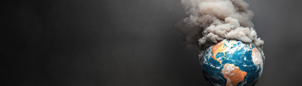 PM 2.5 air pollution health risk. Burning globe emitting smoke against a dark background.