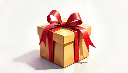 Obraz premium Photorealistic digital watercolor of a shiny golden gift box with a perfectly tied red ribbon, exuding festive spirit