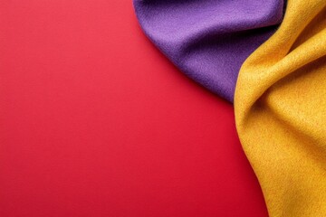 Photo of a red, yellow, and purple background with felt material for craft work on the right side. Web banner with copy space on the left