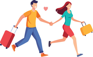 A cheerful illustration of a loving couple, running with their luggage, symbolizing a joyous vacation or travel experience.