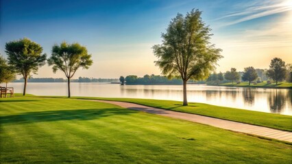 Fototapeta premium Serene Lakeside Pathway at Dawn Lush Green Grass, Tranquil Water, and Majestic Trees Frame a Picturesque Walking Trail