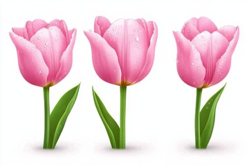 Fototapeta premium Pink tulip flower with water drops, isolated on a white background. Vector illustration, set of three views: close-up, front view, and side view. Realistic, detailed vector art