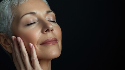 A middle-aged woman touching her face with smooth skin, against a black background. 