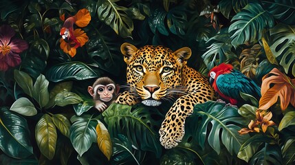 painting of a leopard and a monkey in a jungle with flowers