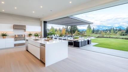 Modern kitchen opens to patio, mountain view.  Luxury home design