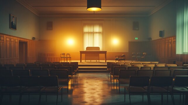 Empty auditorium with stage and dimmed lights, historical location