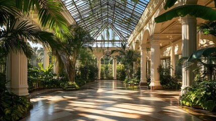 Sunlit Indoor Garden with Glass Roof and Classical Columns