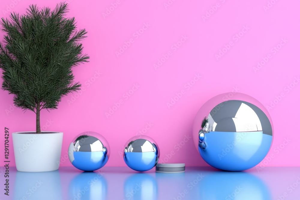 Leinwandbilder A 3D render of an abstract composition featuring geometric shapes, glossy spheres and a sphere shaped laptop on the right side, all set against a gradient background with shades from pink to