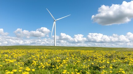 Wind turbine in a field of dandelions under a blue sky