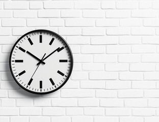 White wall clock with black hands on white brick background, showcasing modern design. This clock adds stylish touch to any space