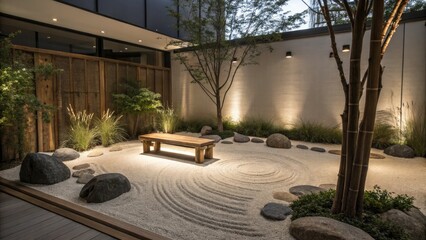 Fototapeta premium Mental Health Wellness Mindfulness Meditation Concept Serene outdoor zen garden with soft lighting, natural elements, and a wooden bench for relaxation.