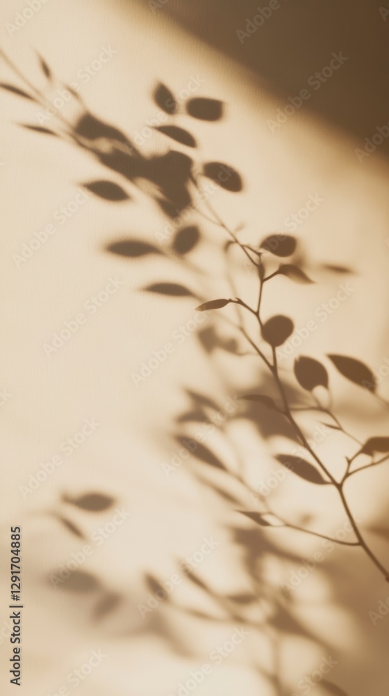 Poster soft shadows of leaves create a tranquil atmosphere on a light-colored surface during the afternoon 