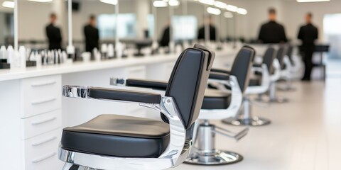 Modern barber academy training session with trainees practicing haircuts