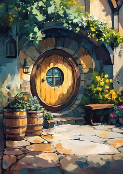 painting of a hobb door with a bench and flowers
