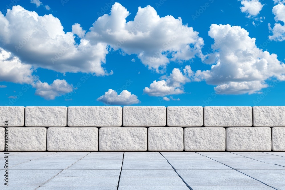 Poster A clean, modern concrete wall with a blue sky and clouds in the background. The scene is captured from an eye-level perspective, focusing on the architectural elements of the structure. A large