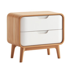 Modern wooden nightstand with white drawers featuring a minimalist design, smooth rounded edges, two storage compartments, and tapered wooden legs. Isolated on transparent background, png.